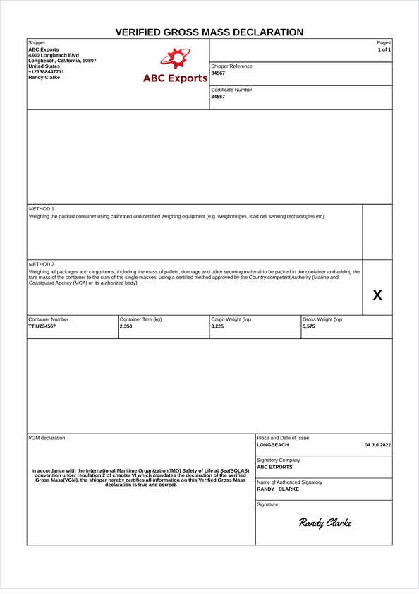 Verified gross mass declaration template